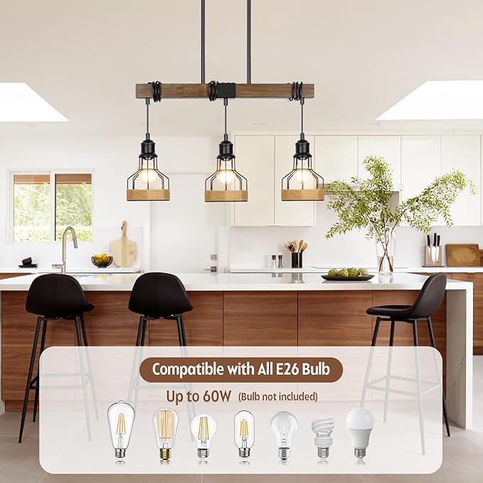 3-Light Dining Room Light Fixture Over Table Chandelier Rustic, Solid Wood Kitchen Island Lighting Fixture Ceiling Linear Dining Ceiling Mount Lamp Modern Metal Lampshade Dining Pendant Light