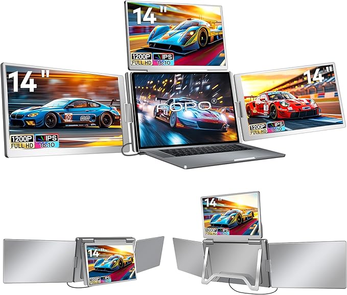 FOPO 14" Laptop Screen Extender, FHD 1080P IPS Monitor Extender, Just 1 Cable for 3 Screens Quad Monitor, Triple Extender for 12"-17.3" Laptops, Compatible with Windows 10/11 and Mac M1/M2/M3