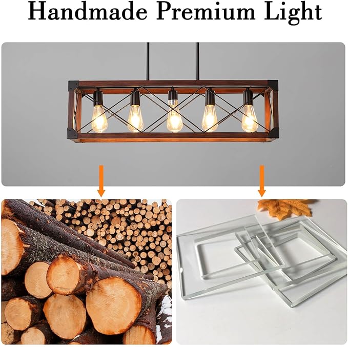 Farmhouse Lighting Dining Room Light Fixture, Farmhouse Chandelier, Kitchen Island Lighting, Rustic 5 Light Pendant Chandeliers, Country Wood Island Lights-Walnut