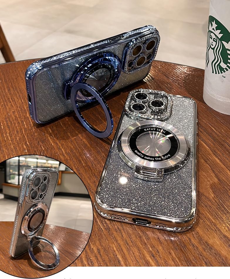 Magnetic Kickstand (Glitter Lens Protector ) Case for iPhone 16 15 14 13 Pro Max (Compatible with Magsafe ) Sparkling Diamond Cover Glitter Shiny Rhinestone Cases (Blue,for iPhone 16)