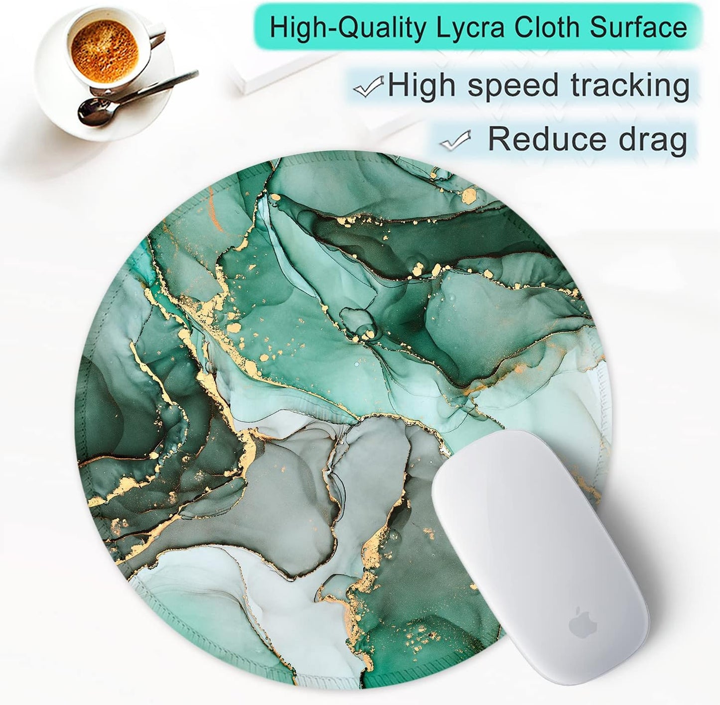 ITNRSIIET Round Mouse Pad with Stitched Edge Premium-Textured Waterproof Non-Slip Rubber Base Desktop Protection Mat Diameter 8.7 inches, Green Marble Texture