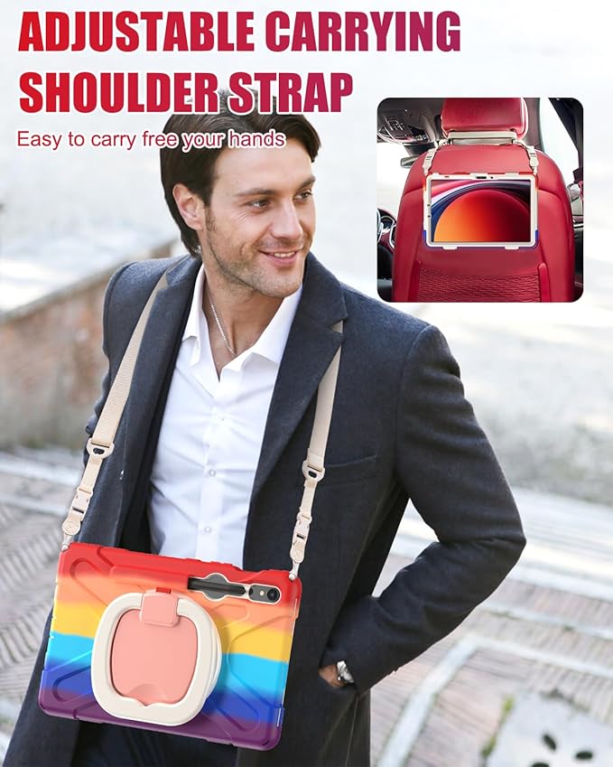 BRAECN Rugged Case for Samsung Galaxy Tab S10 Lite/S10 FE 2025 & S9 FE/S9/S8/S7 10.9"/11" | Protective Silicone Cover with 360°Swivel Handle/Kickstand, Shoulder Strap & S Pen Holder, Colorful Red