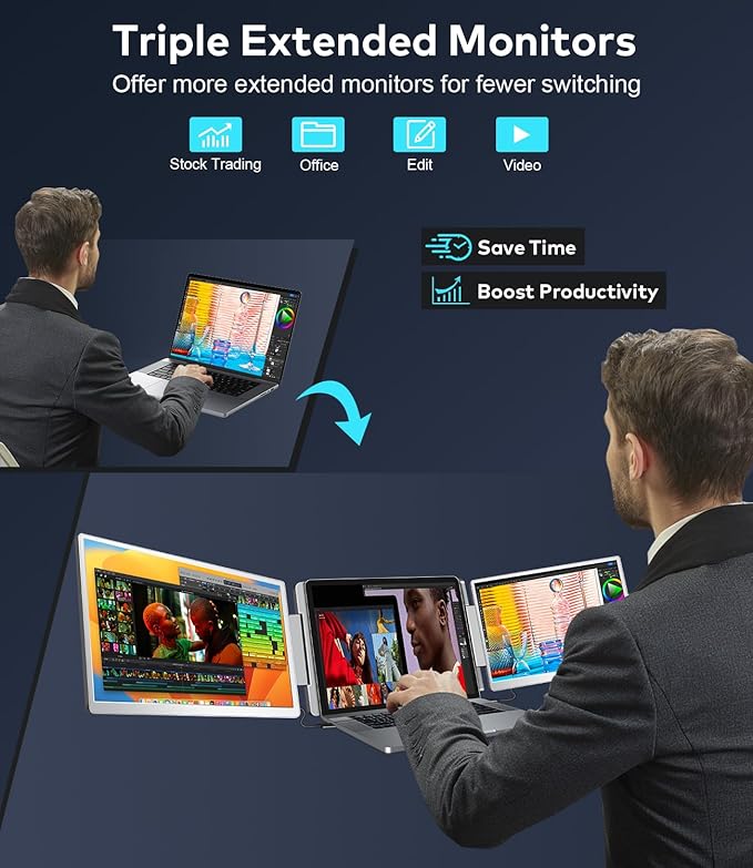 15.6" Laptop Screen Extender, Left Screen 360° Flip Triple Screen Monitor Extender, FHD 1080P IPS Portable Travel Monitor Display, fit for 12–18.5" Laptops, Compatible with Windows and MacBook-S10