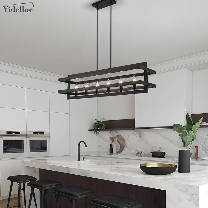 Black Chandeliers Rectangle Pendant Lights Kitchen Island Farmhouse Dining Room Light Fixtures 6-Lights Modern Chandelier for Living Room Kitchen