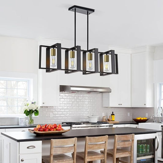 4-Light Black Rectangular Farmhouse Chandelier, 31.4inch Kitchen Island Pendant Light, Industrial Metal Linear Hanging Lighting Fixture for Dining Room, Living Room, Over Table, Foyer, Bar