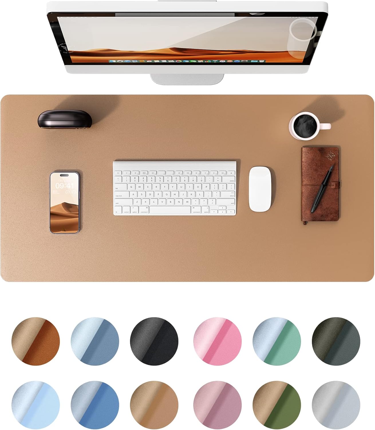 YSAGi Leather Desk Pad Protector, Office Mat, Large Mouse Pad, Non-Slip PU Blotter, Laptop Waterproof Writing for and Home (23.6" x 13.8", Khaki)