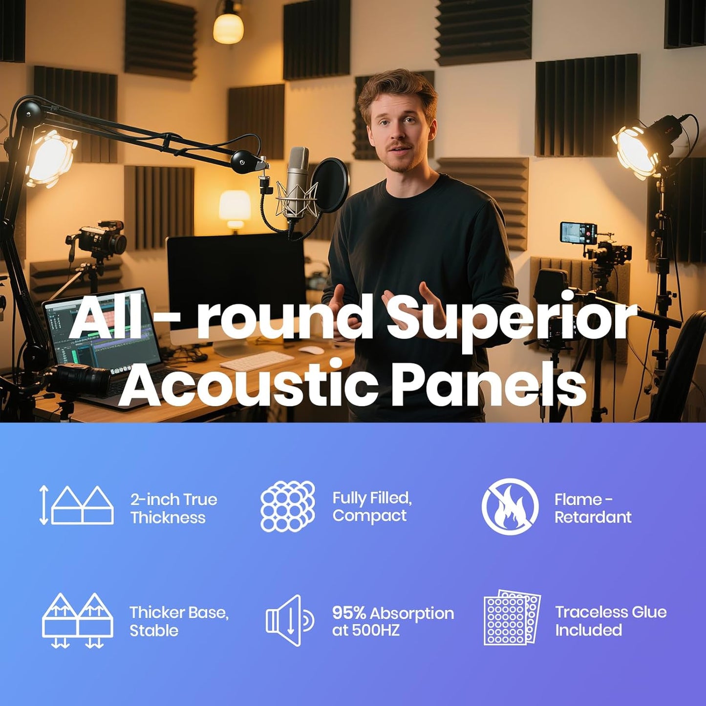 Focusound Acoustic Panels 24 Pack 2"x12"x12" with 120 PCS Double-Side Adhesive - Sound Proof Pyramid Foam for Walls, Home Studio Noise Absorption & Echo Control Kit