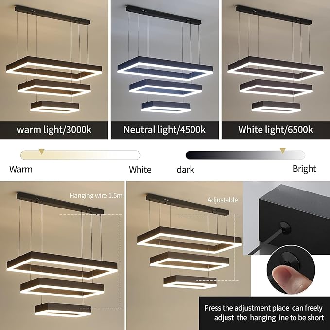 Modern Chandeliers for Living Dining Room, 3-Ring Rectangular LED Chandelier Light Fixture with Remote Control Dimming, Hanging Pendant Light with Adjustable Height, Black