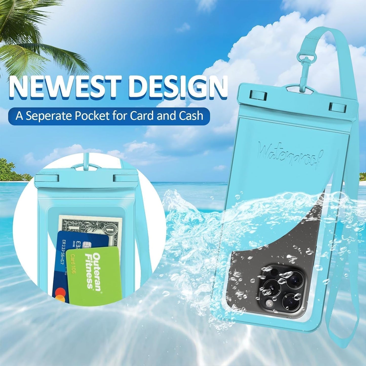Waterproof Phone Case, with Inside Card Holder, Large Waterproof Pouch for iPhone 16 15 14 13 Pro Max, IPX8 Certified Cellphone Travel Accessories for Vacation Must Haves, 1 Pack-Blue-8.3″