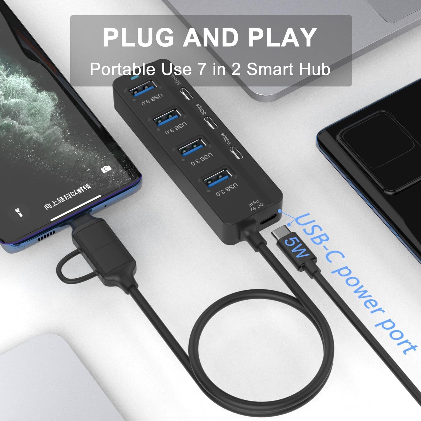 USB C Hub, 5Gbps 7 Ports USB 3.0, USB Hub with USB C Long Cable USB Splitter Multiport Adapter Compatible with Thunderbolt3/4,MacBook, iMac, Surface Pro