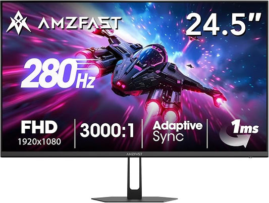 Amzfast 24.5 inch FHD 280Hz/240Hz Gaming Monitor, 1ms Adaptive Sync Fast VA Monitor, 10 Bit, 126% sRGB, 2*HDMI 2.0 & 2* DP1.4, TÜV Rheinland Eye Care,2 Year Warranty Exchange (HDMI & DP Dual Cable)