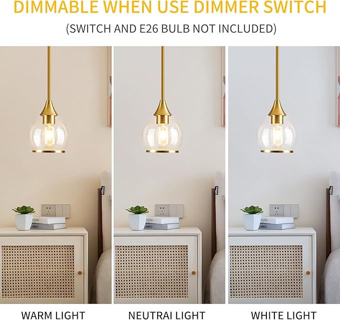 1-Piece Gold Island Light for Kitchen, 1-Light Brushed Gold Hanging Pendant Light with Clear Round Glass Shade for Dining Room,Bedroom