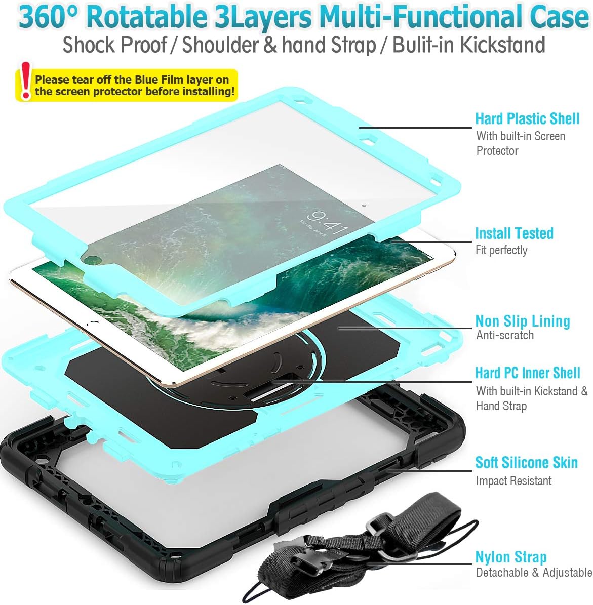 SEYMAC stock Case for iPad Air 3 2019 / Pro 10.5'' with Screen Protector Pen Holder [360° Rotate Hand Strap/Stand], Drop-Proof Case (Brightblue+Black)