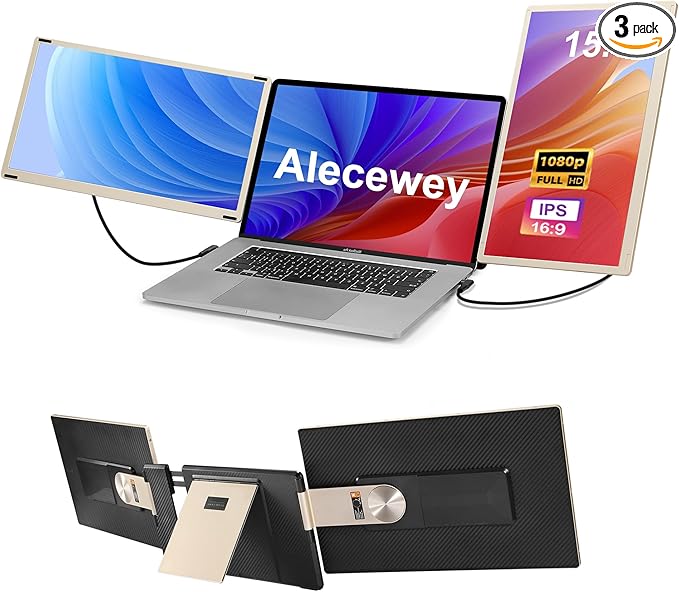 Alecewey Laptop Screen Extender, 15.6 inch Triple Screen Laptop Monitor Extender FHD 1080P HDMI Detached Extended Portable Dual Monitor for 12-17'' Laptops with Window,Mac,Android