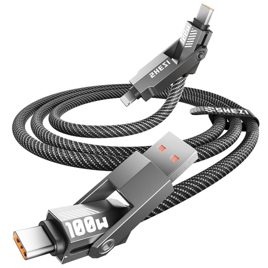 SHEZI Nylon Braided 4 in 1 USB C Cable 100W 5FT Compatible with Lightning Cable, Fast Charging for iPhone/iPad Charger Cord [480Mbps Data Sync],Multi Charging Cable with Type C/USB A, Grey