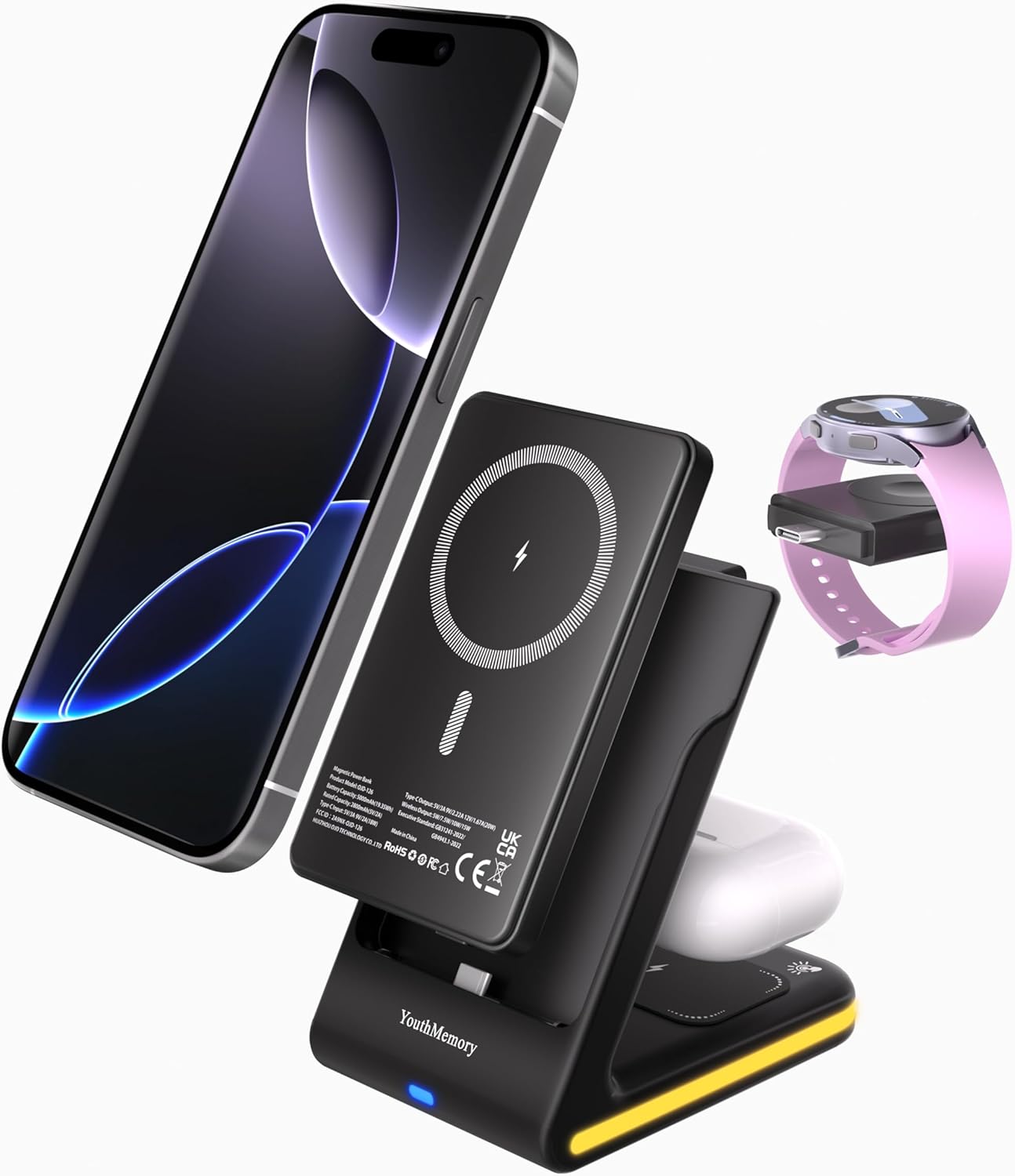 Wireless Charger 5 in 1 Magnetic Charging Station Stand with Portable Power Bank for Apple/Samsung Multiple Devices for Apple Watch 10-2,iPhone 16 15-12 Pro Max/Samsung Galaxy S25 Ultra S24-S8