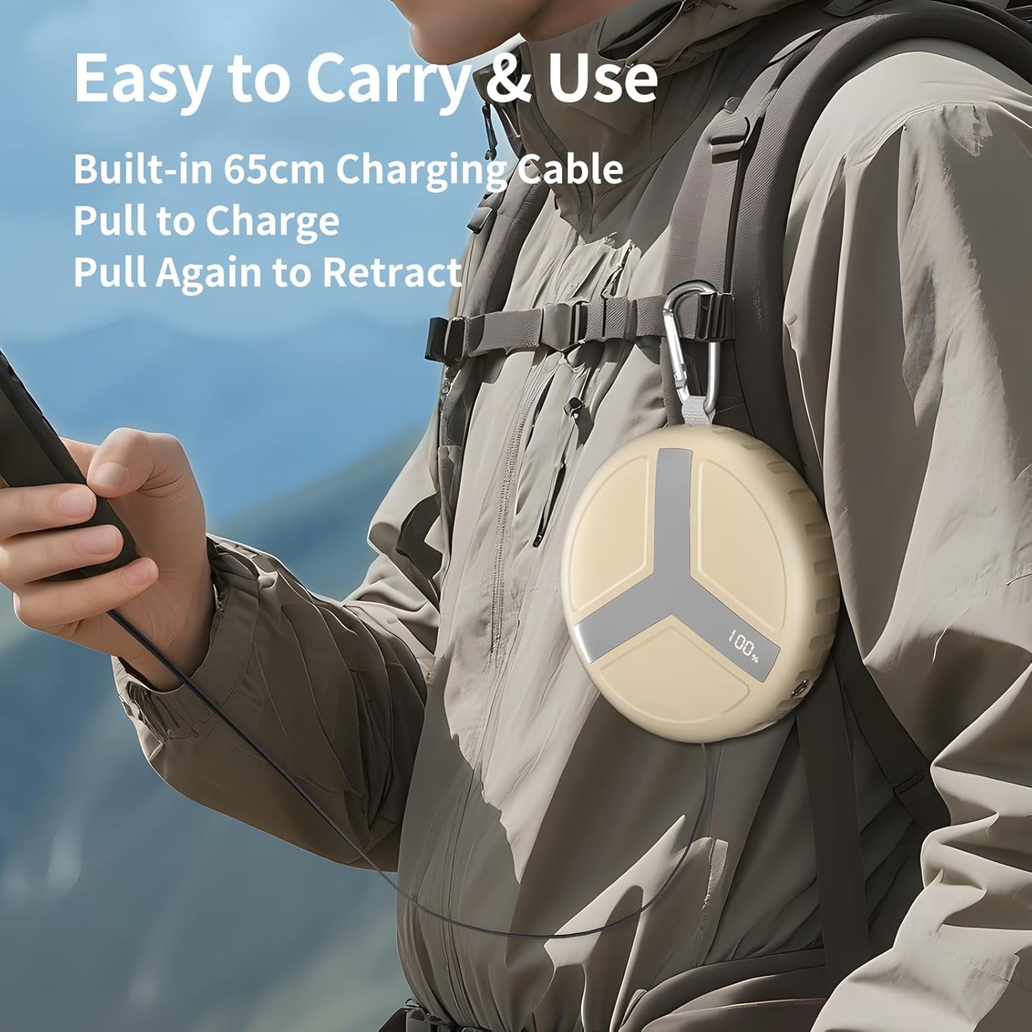 Vivilumens Power Bank Portable Charger 10,000mAh Retractable 25.5 in Built-in Cable Fast Charging Battery Pack USB-C for iPhones Galaxy Laptop with Flashlight&Carabiner for Camping Backpacking Travel