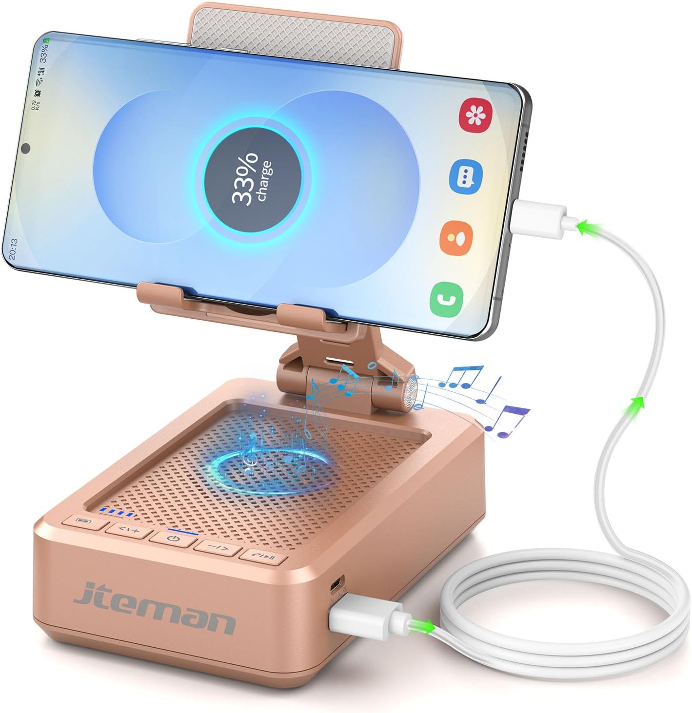 JTEMAN Cell Phone Stand with Bluetooth Speaker and Charging Function,Bluetooth Audio Power Bank Bracket,Birthday Gifts for Men Women,Kitchen Gadgets for Most Phones and Tablets-Rose Gold