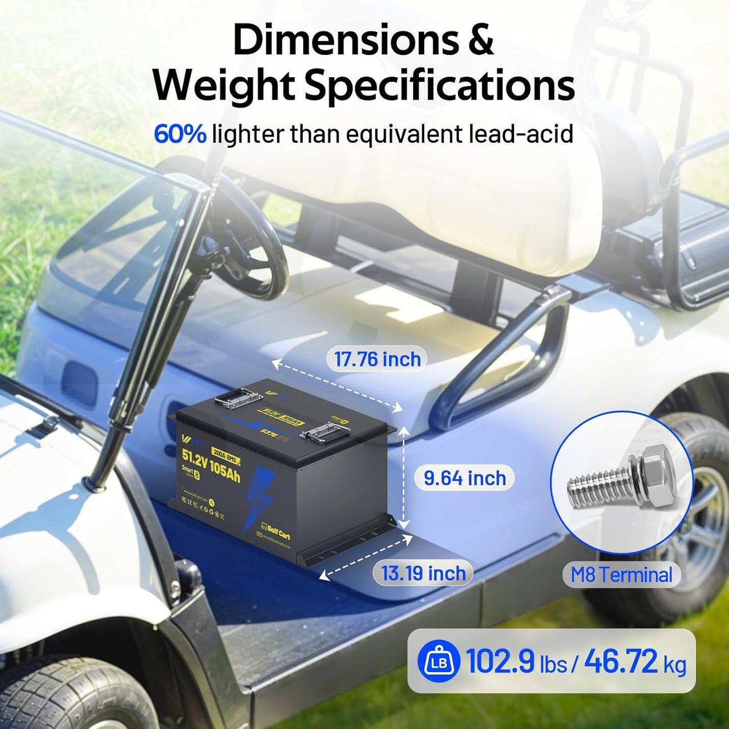 48 Volt Golf Cart Batterys 200A BMS, 48V 105Ah LiFePO4 Lithium Battery with Bluetooth & LCD display, 15000 deep Cycles, Range of 70 Miles 600A Peak Current for Golf Cart