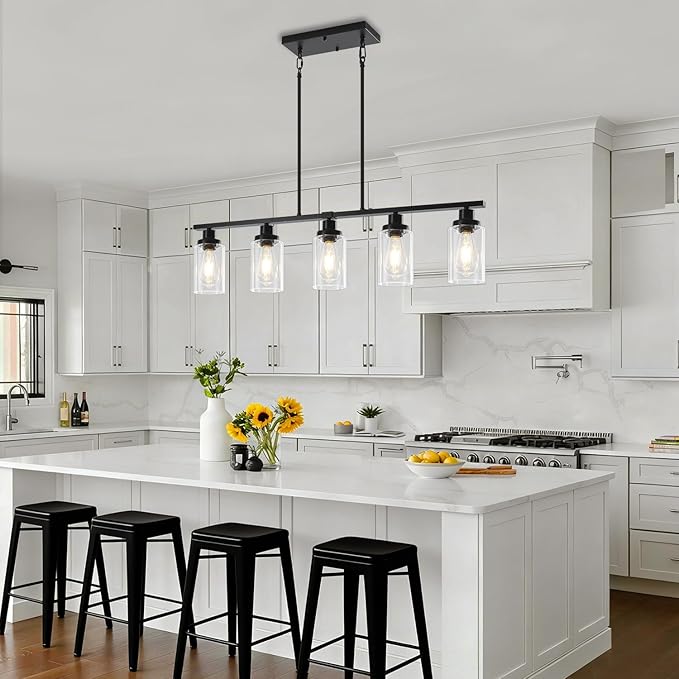 Modern Island Lights for Kitchen Black Dining Room Light Fixtures Over Table 5-Light Farmhouse Linear Chandelier Adjustable Hanging Kitchen Lights Ceiling Clear Glass Pendant Lighting Over Island