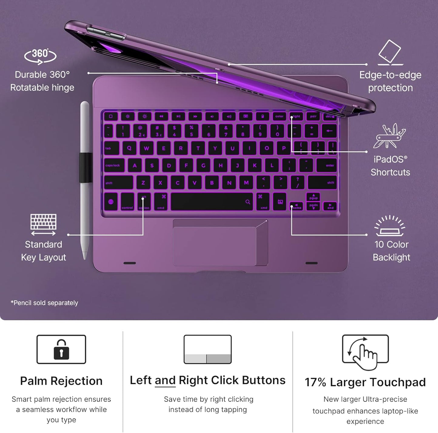 typecase Touch Case with Keyboard for iPad 9th Generation (10.2", 2021), Multi-Touch Trackpad, 10 Color Backlight, 360, Thin & Light - iPad 8th Gen (2020), 7th Gen (2019), Air 3, Pro 10.5 (Violet)