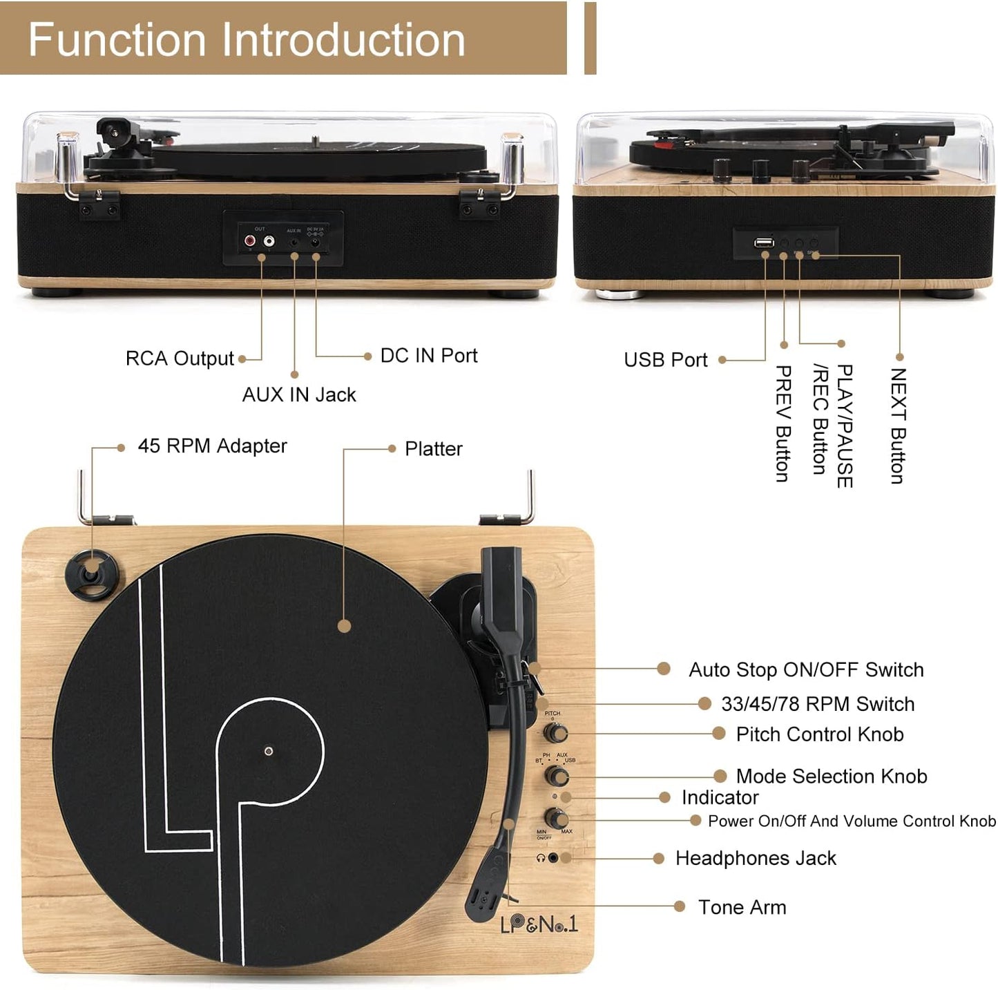 Vinyl Record Player 3-Speed Belt-Drive Turntable with Stereo Speakers and USB Play&Recording (Light Wood)