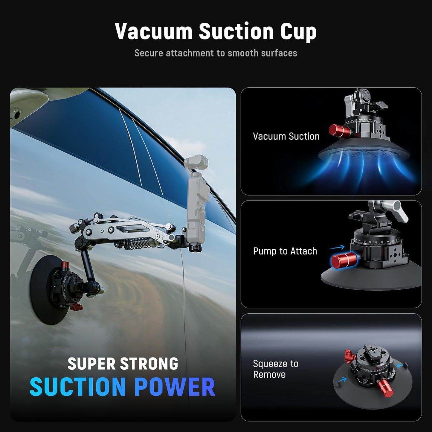 NEEWER Vacuum Suction Cup Car Mount for Action Camera with Hydraulic Boom Arm, NATO Rail, Compatible with DJI Osmo Pocket 3 Insts360 X5 X4 X3 GoPro Hero Adapter Mobile Phone Holder, 500 g Max Load