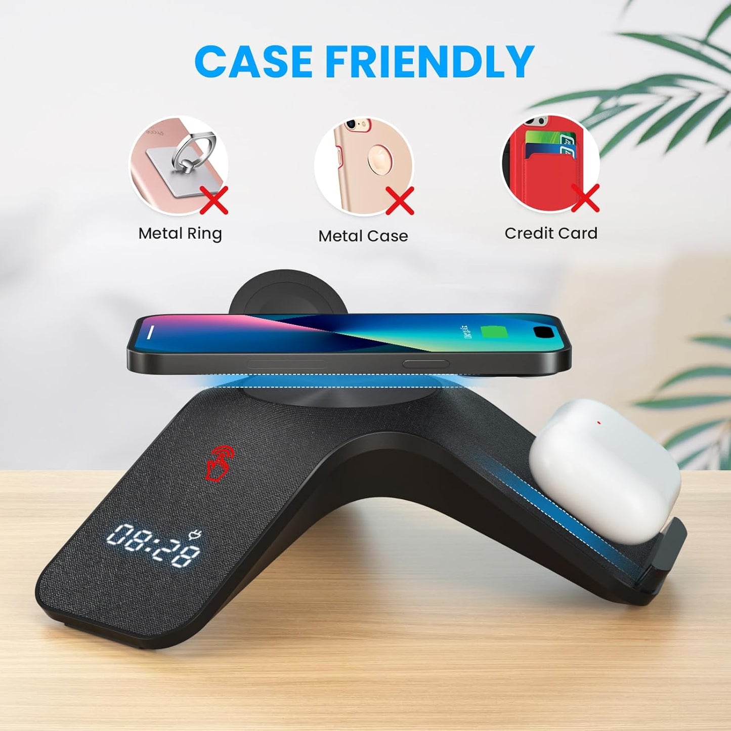 YLF 5-in-1 Wireless Charger station - Fast Charging Wireless Charging Stand with Adapter,Samsung Wireless Charger with 7-Color LED and Bluetooth Clock for iPhone 15/15 Pro/14/13/12,Apple Watch,AirPods