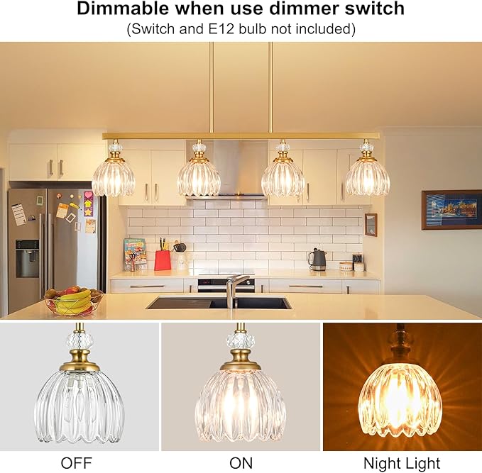 Gold Island Light for Kitchen, 4-Light Linear Chandelier for Kitchen Island with Tulip Glass Shades, Brushed Gold Finish Hanging Light Pendant Fixture Over Dining Table