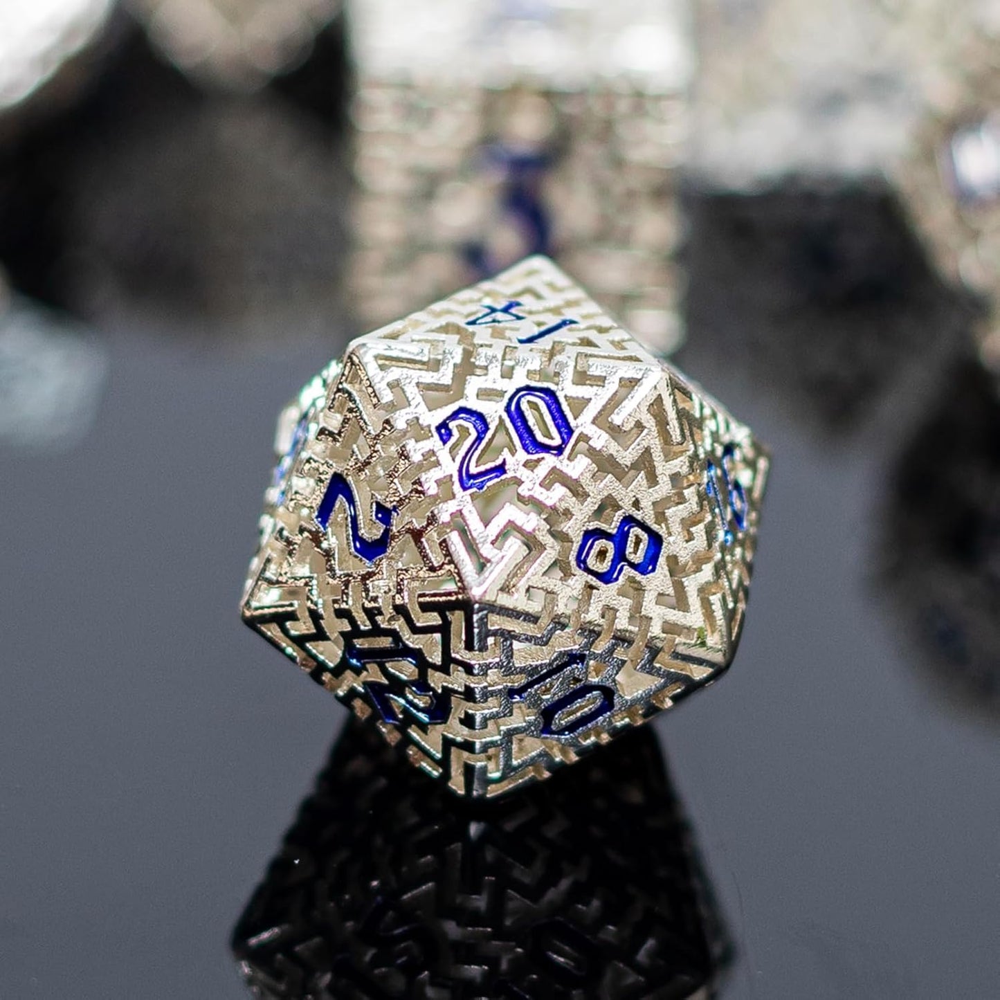 Silver Metal Hollow DND Dice Set (Cleric) Metallic Luster Maze Design with Storage Box - Balanced Weight 7 Piece Zinc Alloy, Designed for Dungeons and Dragons DM and Player RPG Accessories