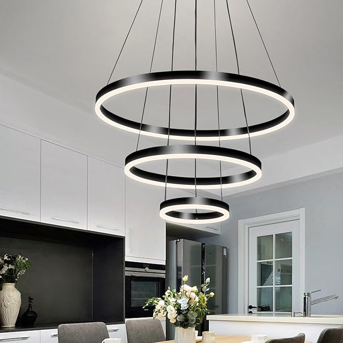 Viruhaka Modern LED Pendant Light, Black Circular Chandelier Fixture, Adjustable Height Circular Entrance Pendant Light, Suitable for Restaurants, Kitchens, Islands, Living Rooms, Cafes, Etc. (4000K)
