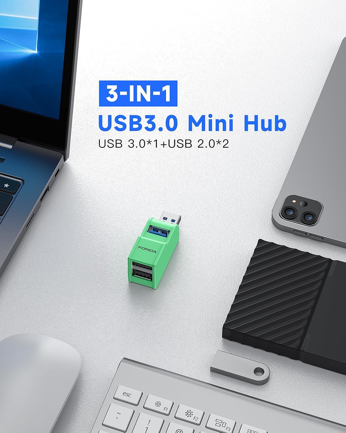 FORIDA 3 Ports USB 3.0 Adapter, USB Hub with 1 USB 3.0 and 2 USB 2.0 Ports, Portable USB Port Splitter for Keyboard, Mobile Hard Disk, U Disk, Camera, Mouse, etc (Green)