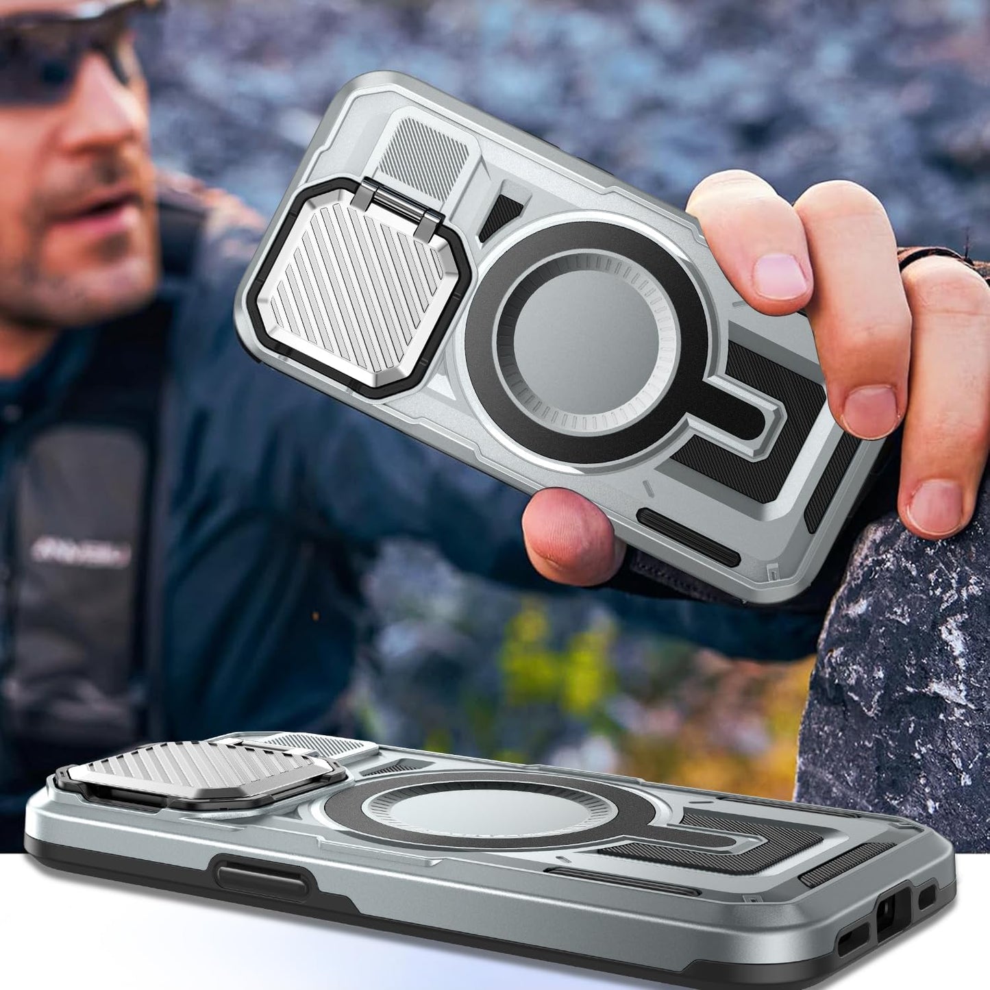 Camera Stand Case for iPhone 13/14, [Compatible with MagSafe] [Lens Cover] 2024 Version Military Grade Protective Soft Case for iPhone 13/14 6.1 inch Men Women, Grey