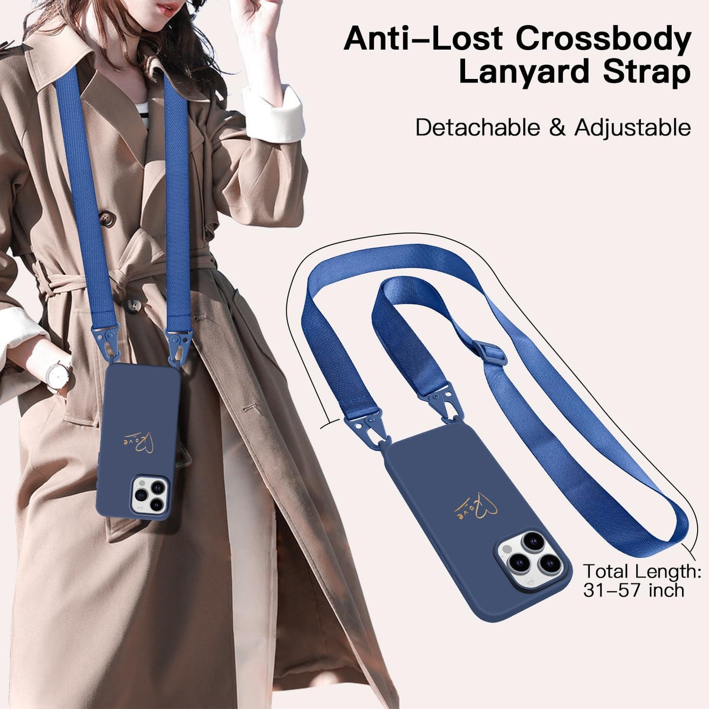 Crossbody Case for iPhone 16 Pro with Strap, [Compatible with MagSafe], Cute Love Heart Silicone Phone Case with Neck Lanyard for Girls Women