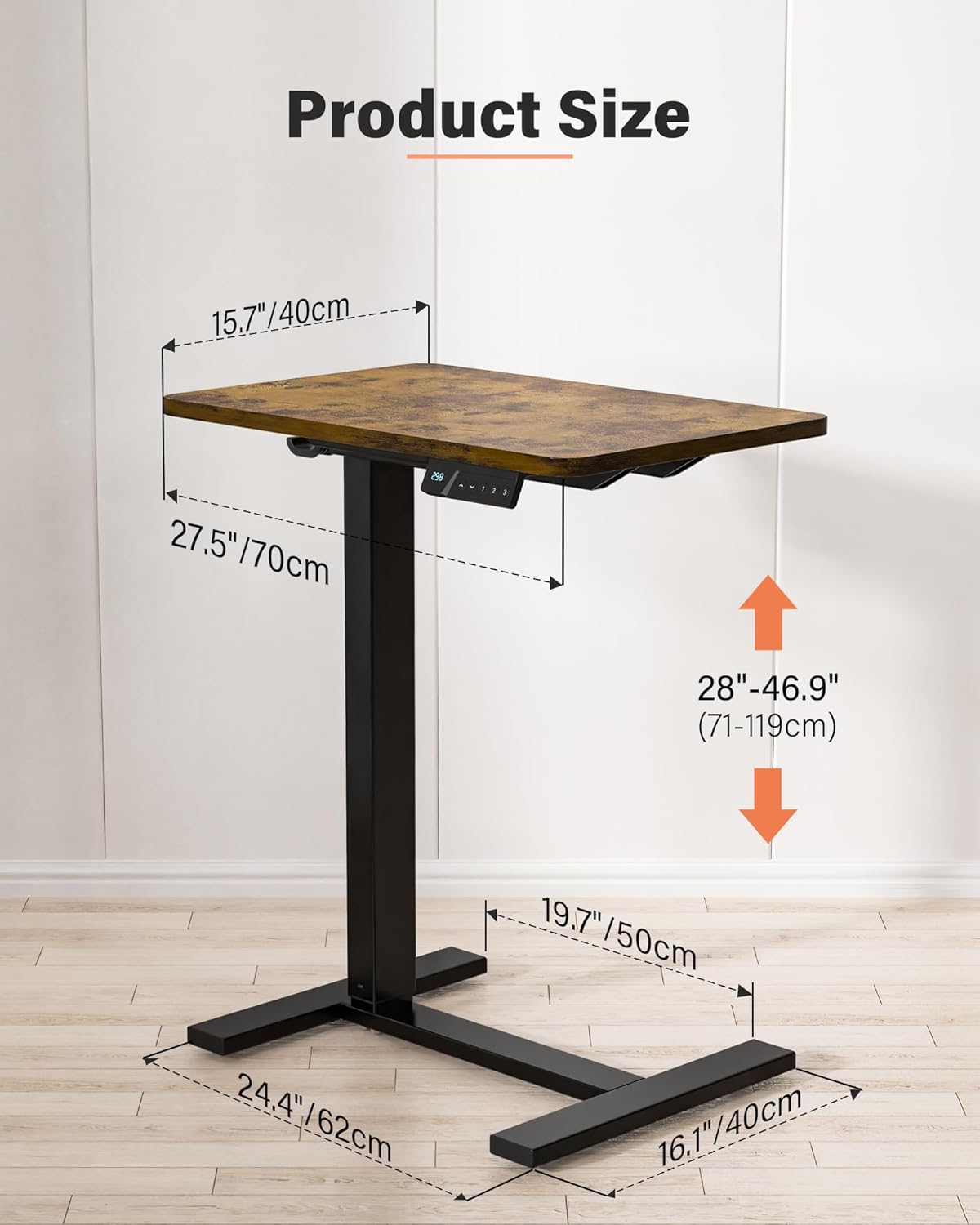 Mobile Standing Desk with Wheels - Electric Height Adjustable Small Movable Laptop Desk, Portable Rolling Computer Sit Stand Side Table for Home Office, Sofa&Bedside Use (27.6",Rustic Brown)