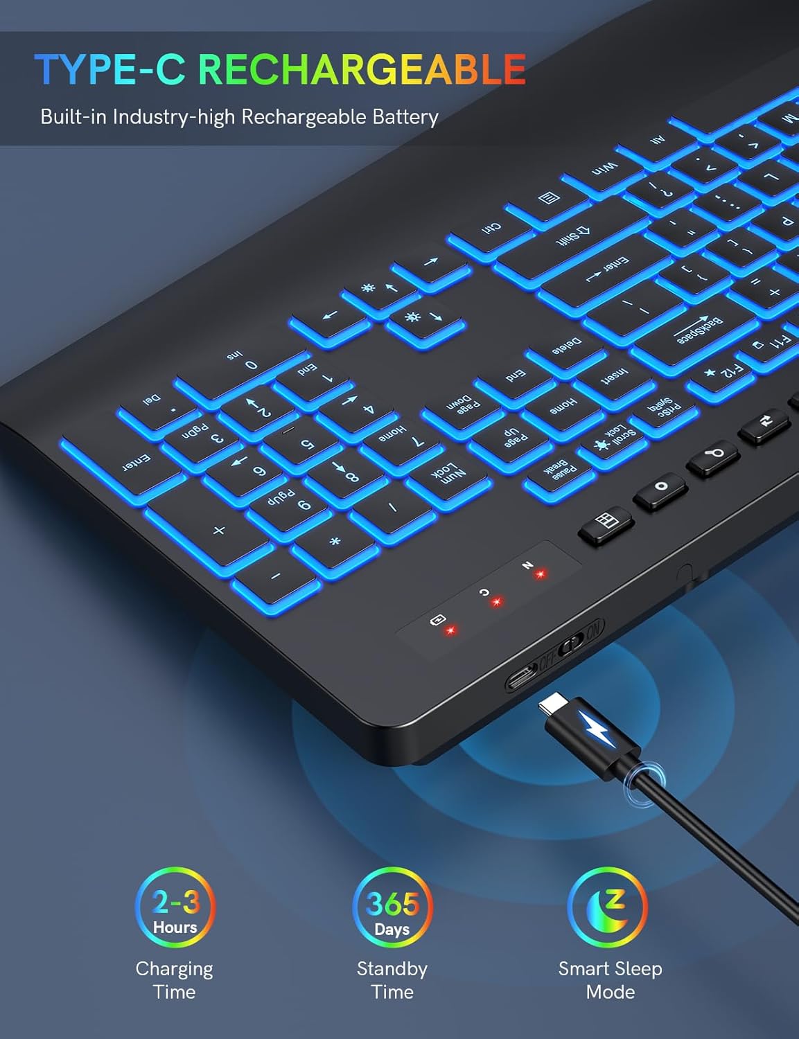 Trueque Wireless Keyboard with 7 Colored Backlits, Wrist Rest, Phone Holder, Rechargeable Ergonomic Keyboard with Silent Light Up Keys, Cordless Computer Keyboard for Windows, Mac, Laptop
