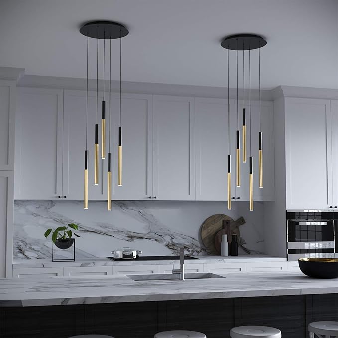 ALTAIR 5 Mini Pendant Lighting Black-Brass - LED Hanging Light Fixture for Kitchen Island, Bar, Foyer - Cluster Pendants - Dimmable, Adjustable Wire, Lamp Bulb Included