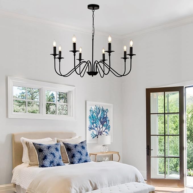 Black Farmhouse Chandeliers, 8 Light S-Arm Modern Candle Hanging Pendant Light, Industrial Rustic Metal Ceiling Kitchen Island Light for Living Room, Entryway, Foyer, Bedroom, Dining Room