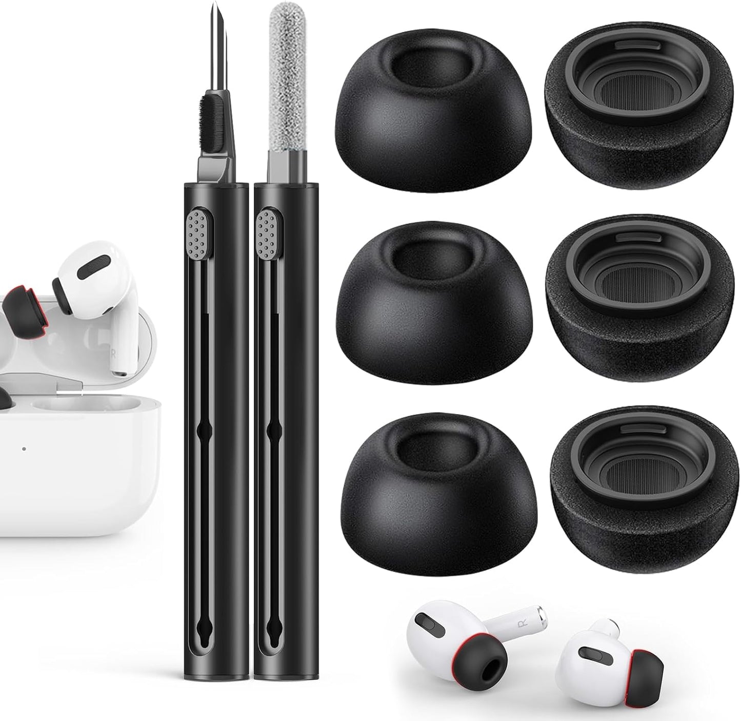Memory Foam Replacement Ear Tips Compatible with AirPods Pro 2nd/1st Generation,with Noise Reduction Hole & Built-in dust Guard Screen,for USB-C Charging Case with Cleaner kit -Black
