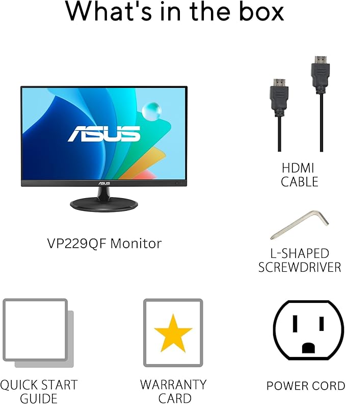 ASUS 22” Eye Care Monitor (VP229QF) – 100Hz, IPS, Full HD, 99% sRGB, Frameless, Adaptive-Sync, DisplayPort, HDMI, Low Blue Light, Flicker Free, Wall Mountable, 3 yr Warranty