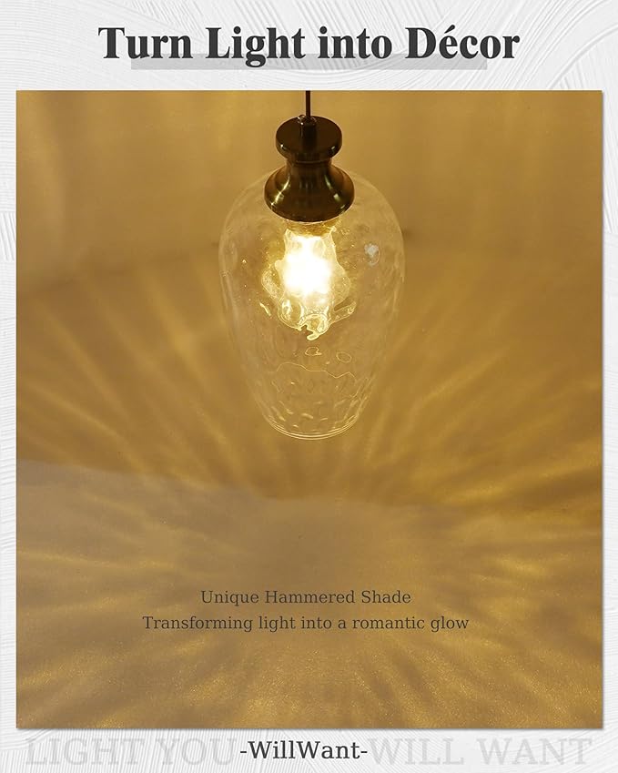 2 Pack Farmhouse Pendant Lights, Modern Hanging Ceiling Lights with Hammered Glass in Brushed Brass Gold for Dining Room Kitchen Island Over Table