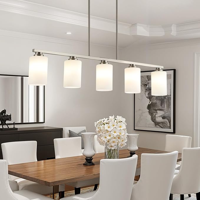 Island Light for Kitchen, Brushed Nickel Dining Room Light Fixture Over Table with Milk Glass Shade, 5-Light Linear Chandelier Pendant Lighting for Dining Table Kitchen Island Living Room