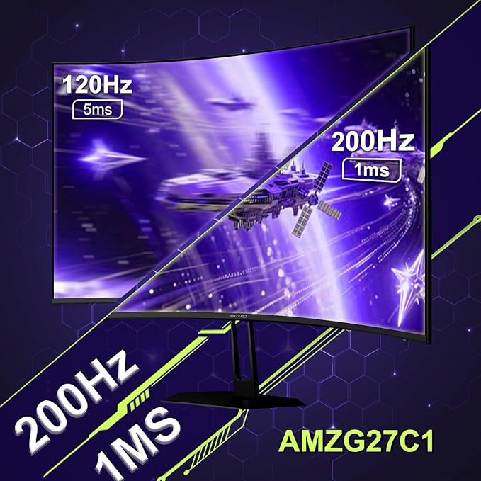 Amzfast 27 inch 200Hz Curved Gaming Monitor, FHD 1080P Computer Monitor with Built-in Speakers, MPRT 1ms with Fast VA Panel | 130% sRGB, 3000:1,1500R | 12 Months Warranty Exchange