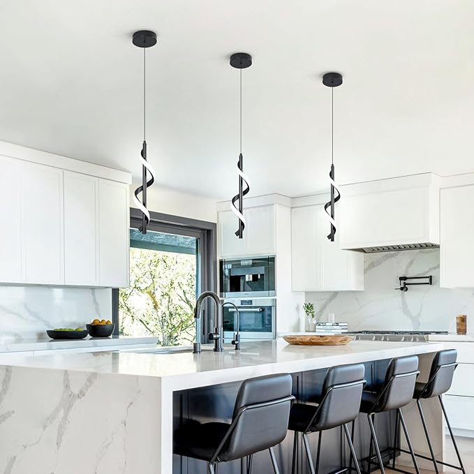 Modern Led Pendant Light Fixtures,6000K Cool White Black Led Pendant Lighting for Kitchen Island,Adjustable Height Hanging Light Fixtures for Kitchen Dining Room Living Room,1 Pack