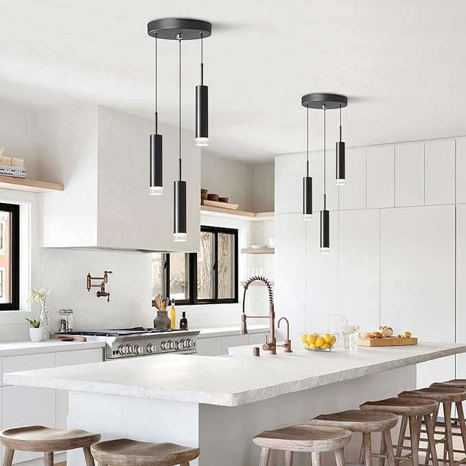 KCO Lighting Modern Black 3-Light LED Cylinder Pendant Light Contemporary Adjustable Kitchen Island Cluster Pendant Lighting Nordic Round Metal Long Tube Hanging Ceiling Pendant Lights
