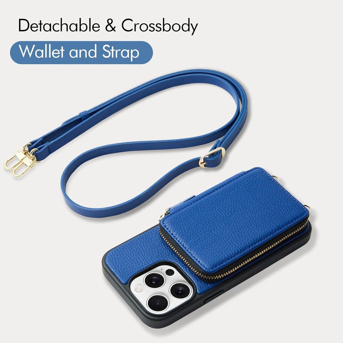 ZVE for iPhone 15 Pro Crossbody Wallet Case for Women, Card Holder Phone Purse Case, RFID Blocking Zipper Leather Cover with Wrist Strap for iPhone 15 Pro(6.1 inch)- Navy Blue