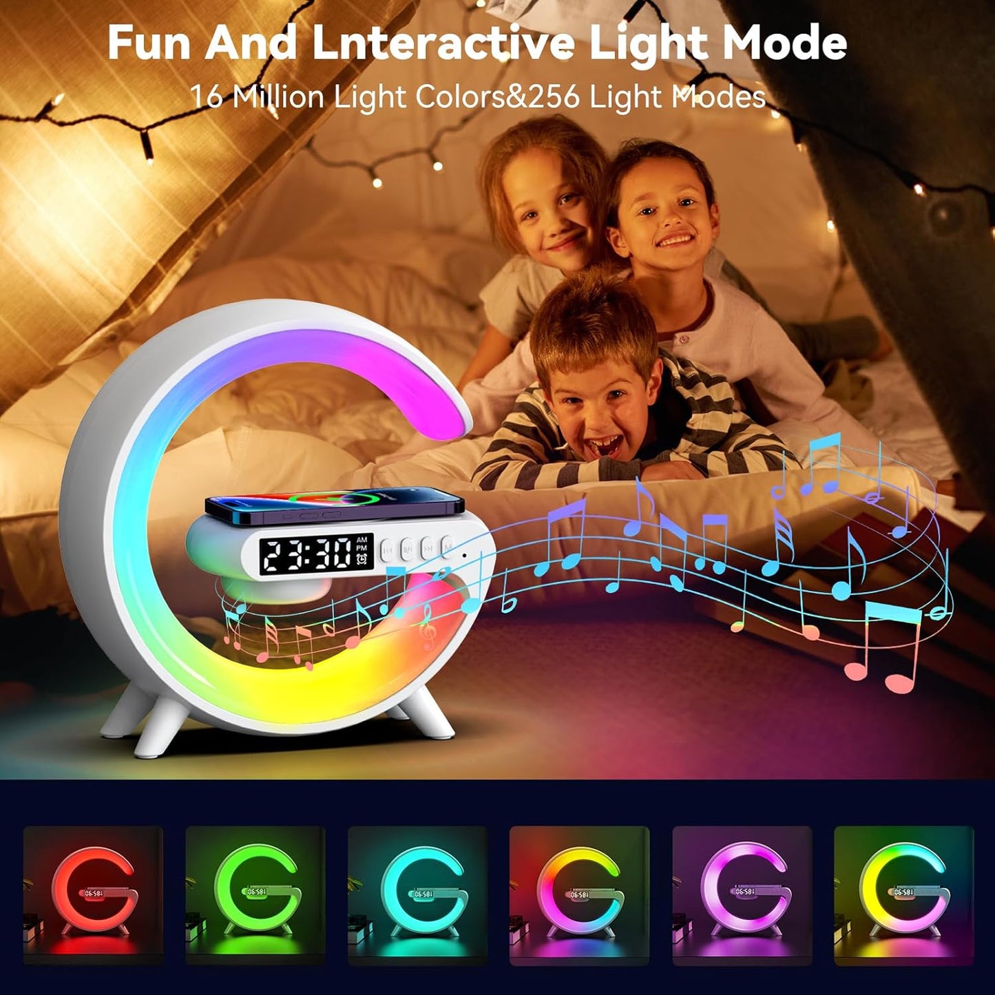 Mini LED Table Lamp with 4-in-1 Wireless Charger, Night Light, Sunrise Alarm Clock, Bluetooth Speaker, Smart Atmosphere Table Lamp for Bedroom, Office, Home Decor (White)