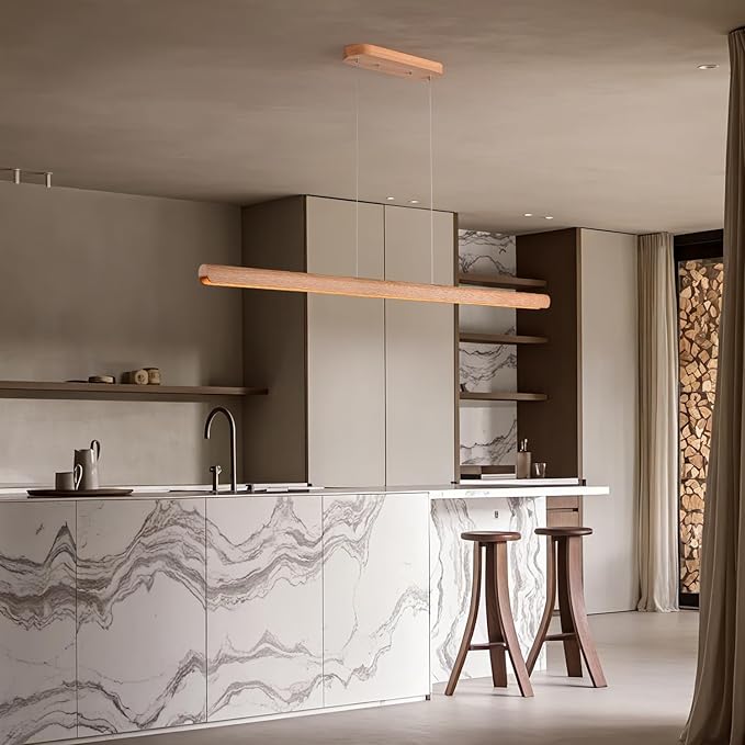 47inch Wood LED Linear Pendant Light, Dimmable Wood Ceiling Lamp,Minimalist Linear Chandelier, 36W Warm Light 3000K, Modern Kitchen Island Dining Room Lighting Natural Adjustable Height