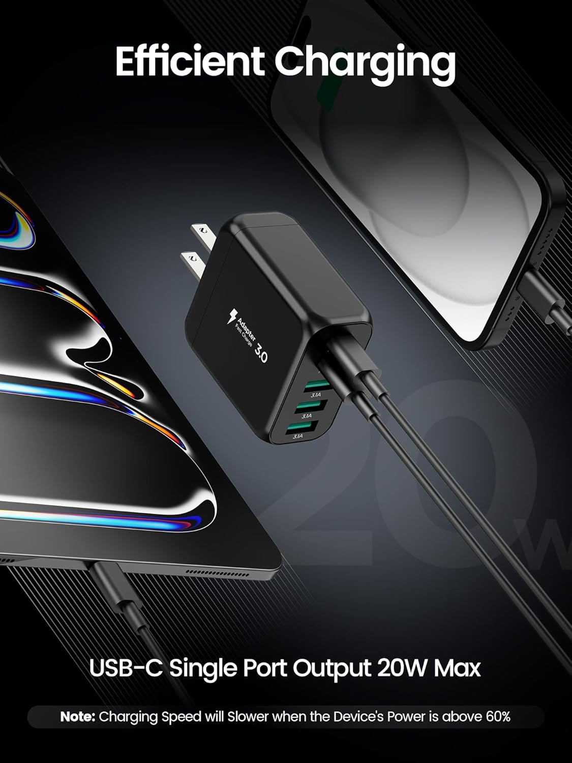 USB C Charger Block, [2-Pack] Type C Charger Fast Charging,50W 5-Port USB Wall Charger Multiport Type C Charging Block Cube for iPhone 16 15 14 13 12 11 Pro Max XS, iPad, Samsung & More-Black