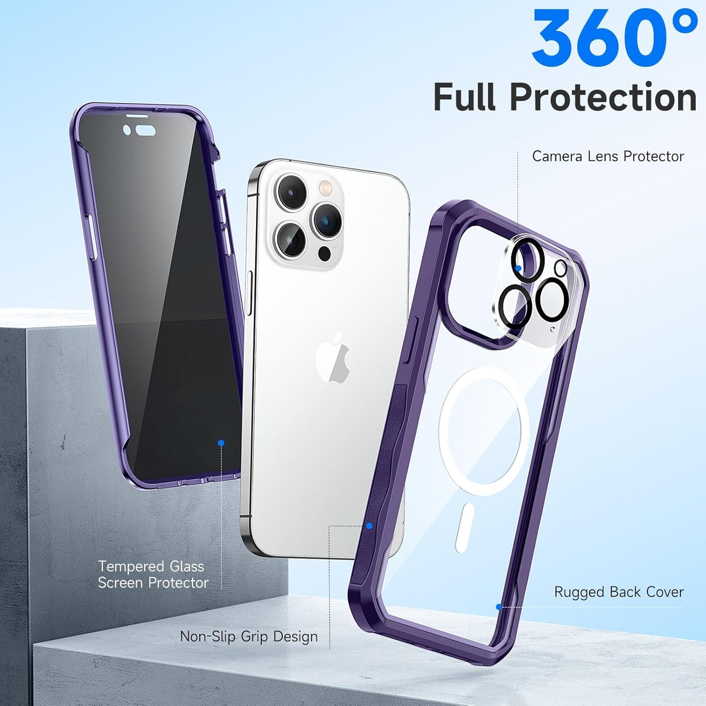 seacosmo for iPhone 14 Pro Case, Full Body Bumper with Built-in 9H Tempered Glass Privacy Screen Protector and Camera Lens Protector, Compatible with MagSafe, Shockproof Phone Case, 6.1", Purple